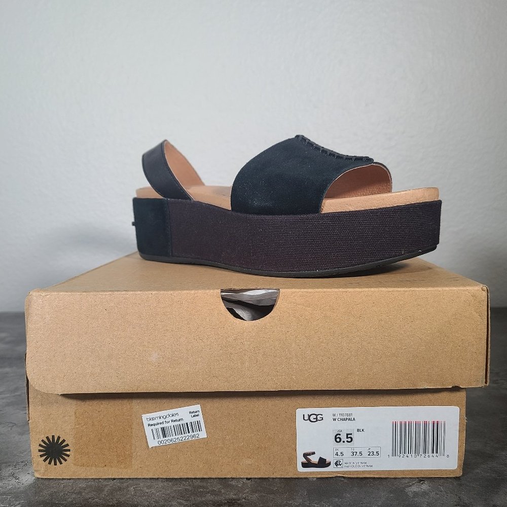 Ugg Chapala Black Platform Wedge Sandal Suede